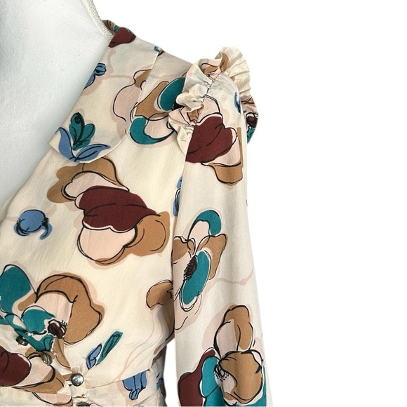 Vtg SARA BERMAN Silk Floral Chiffon Wrap Dress sz S Brown Blue Abalone Buttons - Picture 9 of 13